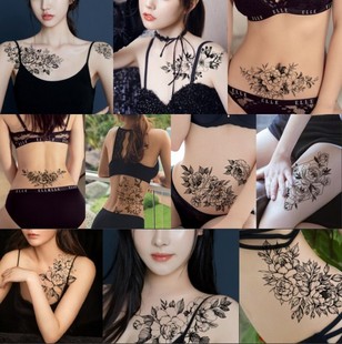 纹身贴大图案少女锁骨花臂暗黑防水持久性感网红腰部腹部套装包邮