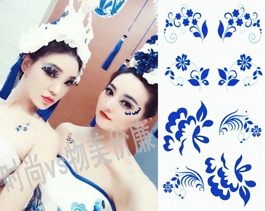 纹身贴防水女花钿眉心贴额贴脸部贴纸眼角贴蓝色青花瓷古装拍摄