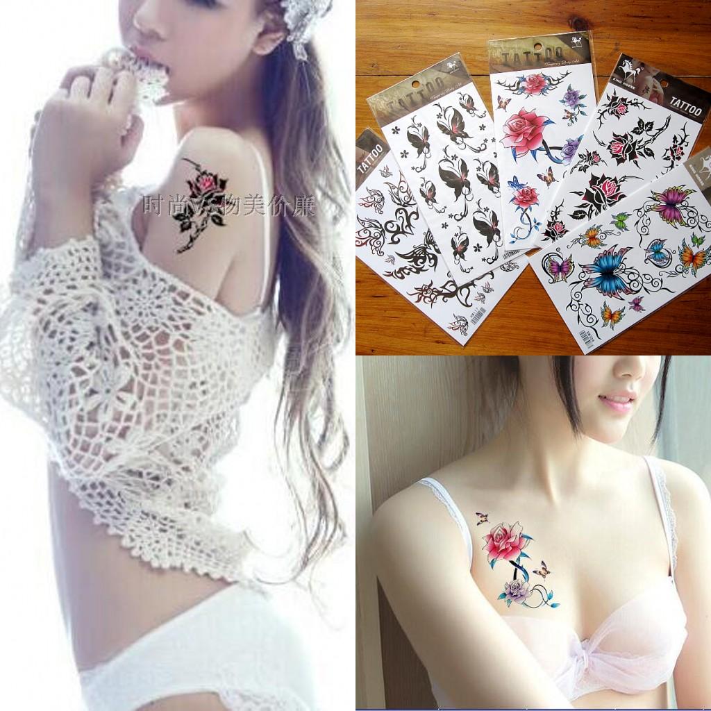 纹身贴 防水 女 持久 花朵 蝴蝶 玫瑰 性感 诱惑 套装 包邮