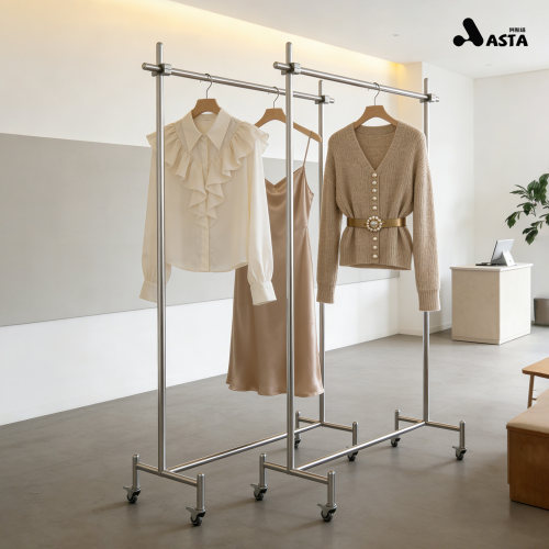 服装店展示架落地式不锈钢货架移动带轮挂衣架男女装可调节中岛架