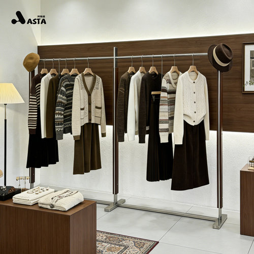 服装店展示架不锈钢胡桃色落地中岛架中古风女装挂衣架承重陈列架