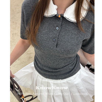 KnowKnow Closet. | 可拆卸娃娃领叠穿学院风翻领羊绒短袖上衣女