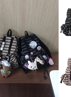 newjeans同款tensedance韩国平替条纹机能休闲格纹双肩书包大容量