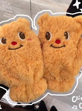 韩国ulzzang可爱黄色小熊手套女冬季加绒保暖骑行学生情侣男挂脖