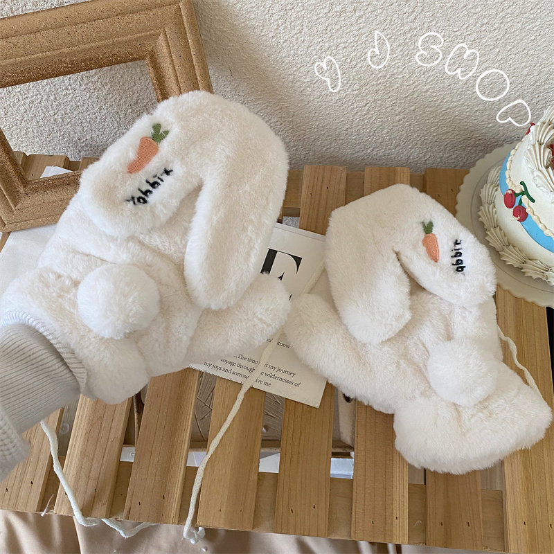 手套女冬天韩版可爱卡通兔耳朵毛绒保暖加绒全指情侣学生男潮骑行