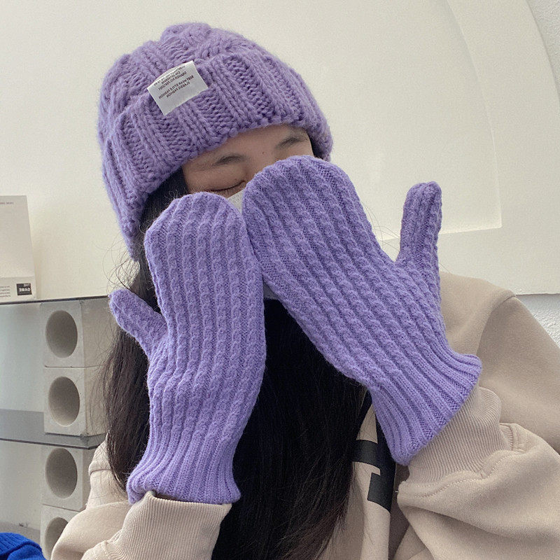 韩版纯色可爱光板针织毛线手套冬季女保暖户外情侣骑行男百搭软妹