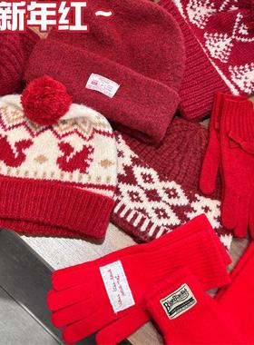 新年礼物洋气红色毛线帽子女冬季保暖骑行护耳包头冷帽红色手套女