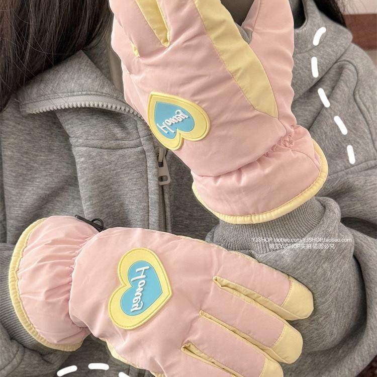 韩版可爱骑行全指可触屏手套女冬季保暖加绒滑雪防风御寒骑行学生