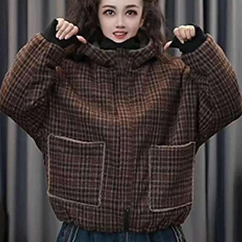 2025新款冬季两面穿加绒加厚休闲百搭减龄显瘦格子外套连帽棉服女