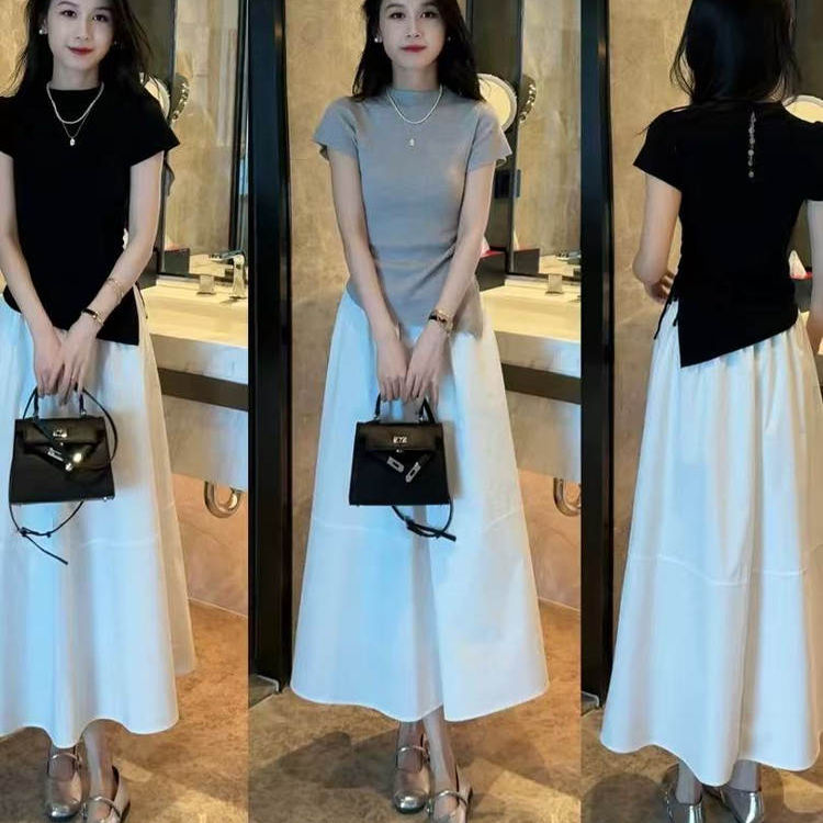 时尚套装女抽绳修身短袖打底衫+高腰半身裙显瘦两件套女夏季新款