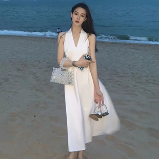 2024新款 夏季 赫本风沙滩裙气质长裙子海边度假挂脖雪纺连衣裙女装
