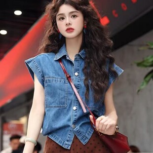 新款短袖夏日海盐复古牛仔衬衫女款外穿设计感休闲T恤