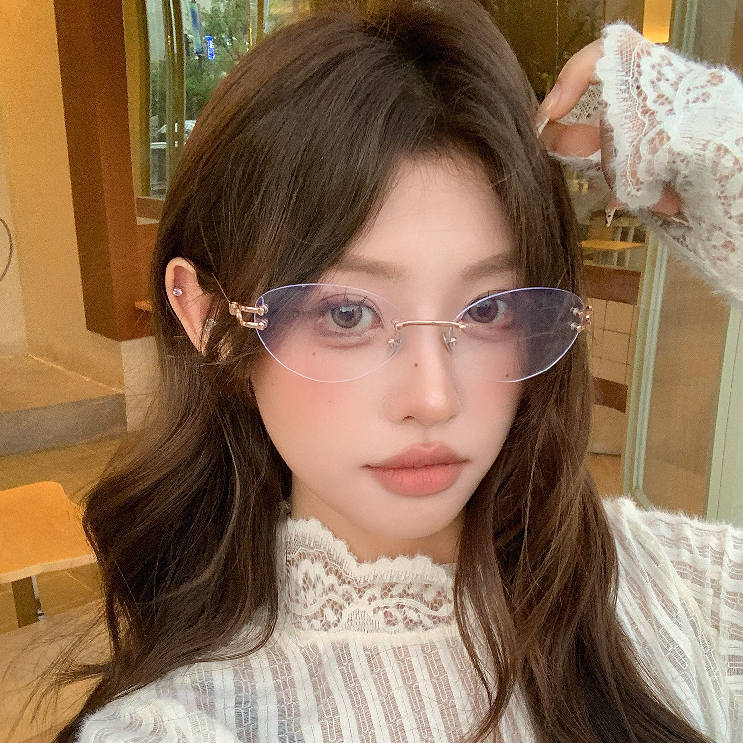 纯欲无框眼镜女款显瘦高级感素颜神器防蓝光抗辐射平光镜太阳眼镜,ZIPPO/瑞士军刀/眼镜,防蓝光镜,淘宝优惠券,粉丝福利购,淘宝优惠卷