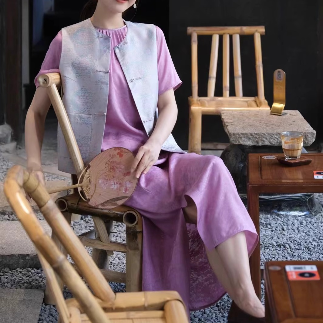 SONG YI 新款新中式亿树桑蚕丝混纺对襟宽松简洁背心马甲上衣