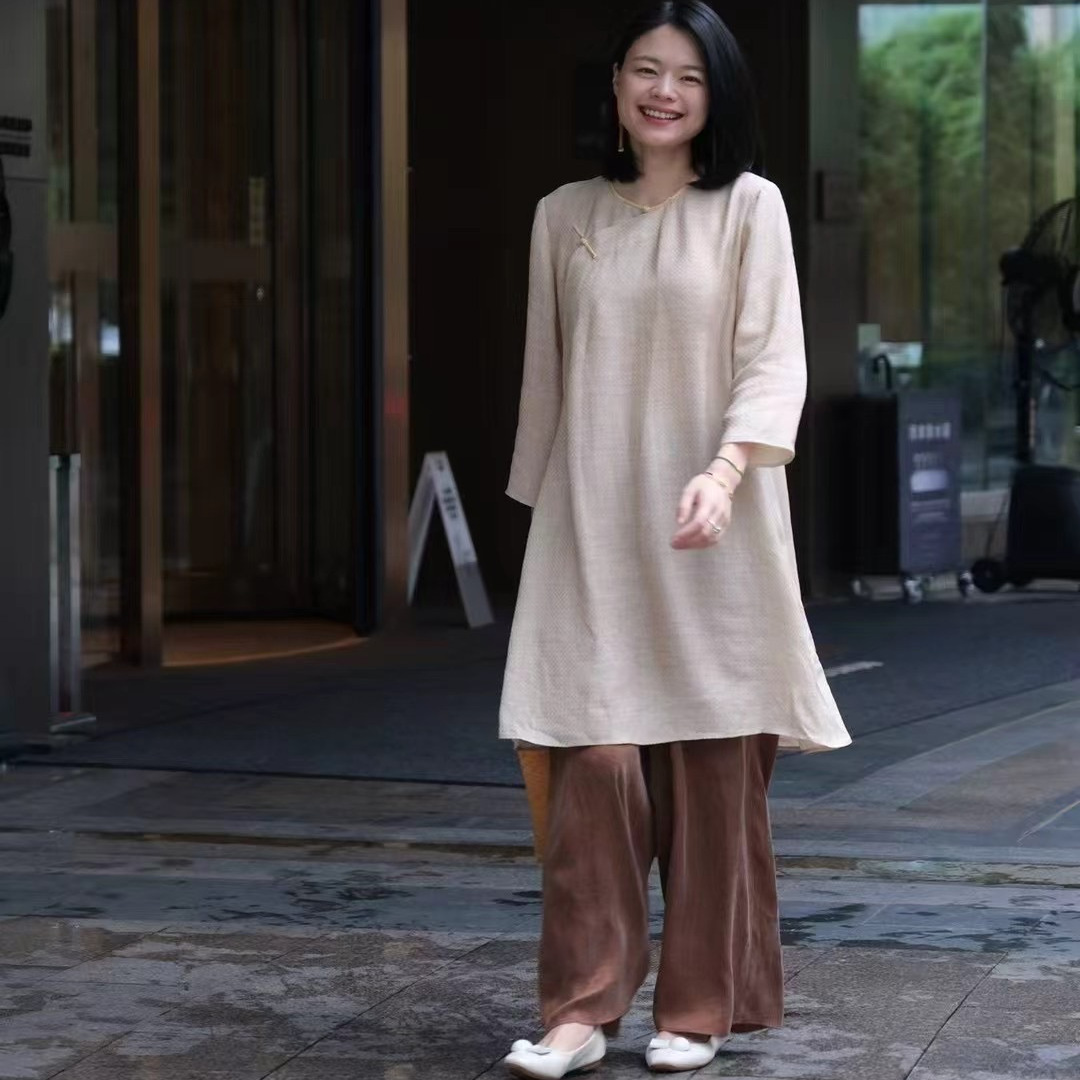 SONG YI 夏新款新中式柞蚕丝偏襟圆领宽松A版连衣裙