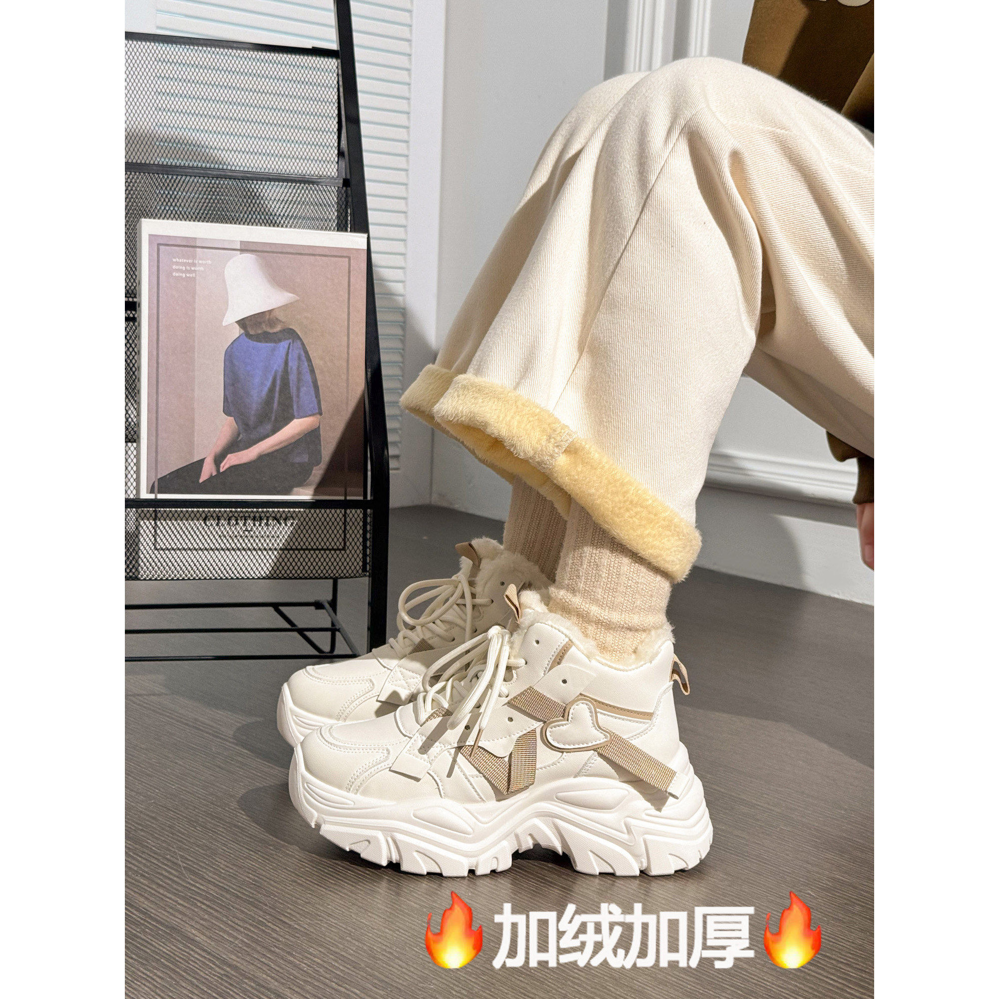 爆款加绒加厚雪地靴女冬季保暖防滑厚底老爹鞋增高小白鞋百搭棉鞋