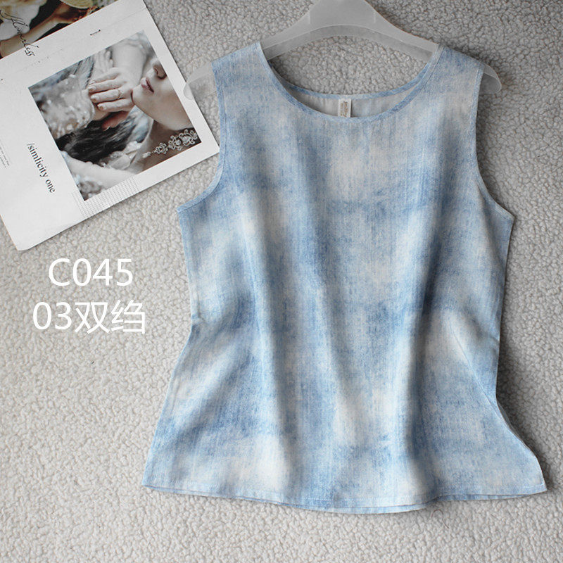 加大码仿牛仔色宽松百搭双绉打底背心 桑蚕丝无袖扎染风真丝上衣