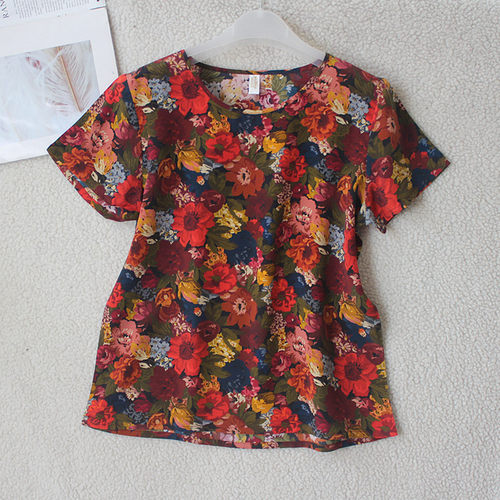 00桑蚕丝女装短袖红色花朵T恤