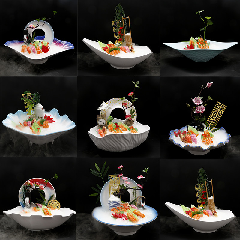 刺身盘高端三文鱼冰盘日料摆盘海鲜姿造拼盘鱼生密胺鱼雕寿司餐具