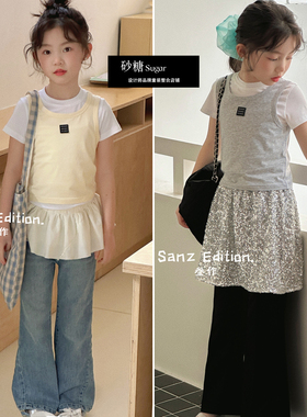 叁作SANZ韩国波拉童装2025夏新款女童T恤中大童两件套装可爱上衣