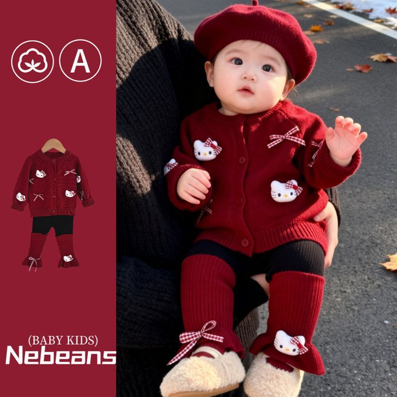 岁女宝针织毛线衣服二件套喜庆