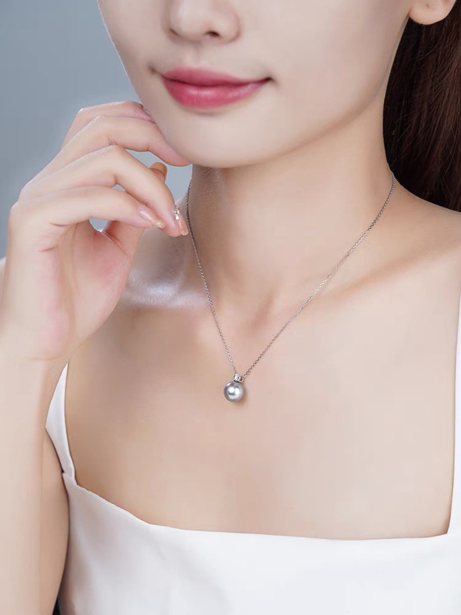 925 Silver True Linen Pearl Princess Pendant Platinum Gray Pearl Princess Pendant Set with Diamonds Princess Clavicle Chain Necklace