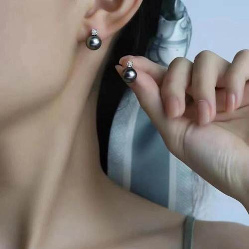 s925银大溪地黑珍珠耳钉黑珍珠王妃耳钉镶钻戴妃耳环法式母贝珍珠