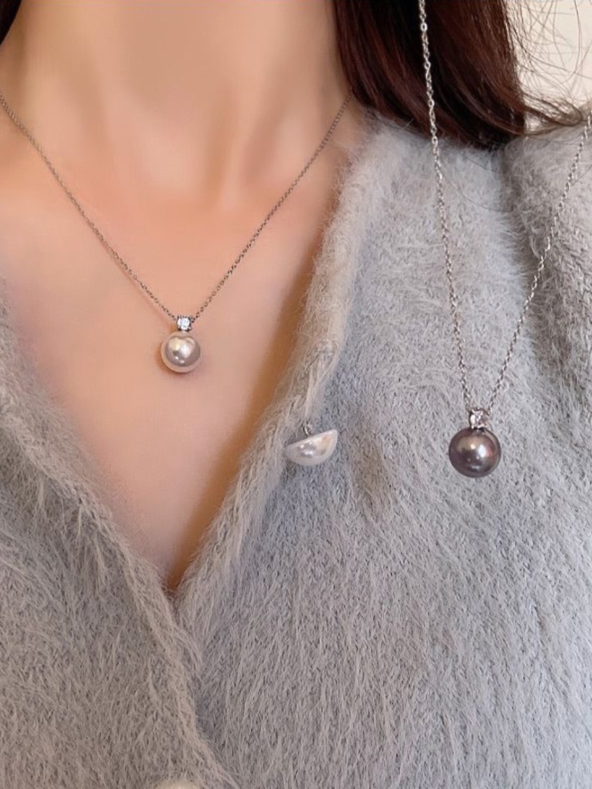 925 Silver True Linen Pearl Princess Pendant Platinum Gray Pearl Princess Pendant Set with Diamonds Princess Clavicle Chain Necklace