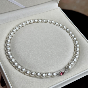 倪妮同款 s925银波尔多红宝石澳白珍珠项链女正圆强光珍珠锁骨链女