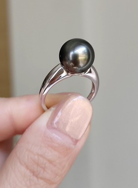 925银大溪地黑珍珠戒指女珍珠戒子活口可调节经典素面澳母贝女戒