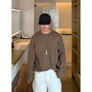 意大利老钱lp秋冬新款 Napier绞花辫子羊毛混纺提花粗针圆领毛衣男