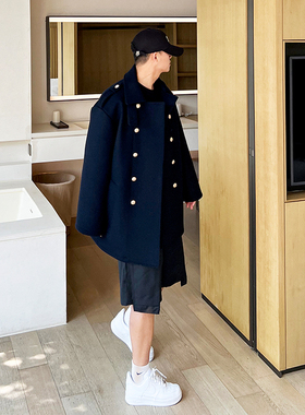 高奢定制 秋冬翻领海军风双排扣羊毛大衣男中长款加厚廓形外套潮