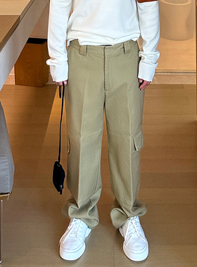 重磅进口面料 卡其色多口袋工装休闲裤男秋冬新款百搭阔腿直筒裤