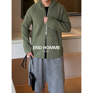 连帽拉链开衫 100%澳洲美丽诺羊毛48支混纱插肩袖 毛衣男 HOMME END