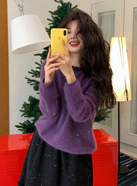 Vaoom-欲欲千金感亮片毛衣圆领闪闪保暖毛衣（含100绵羊毛）K1749