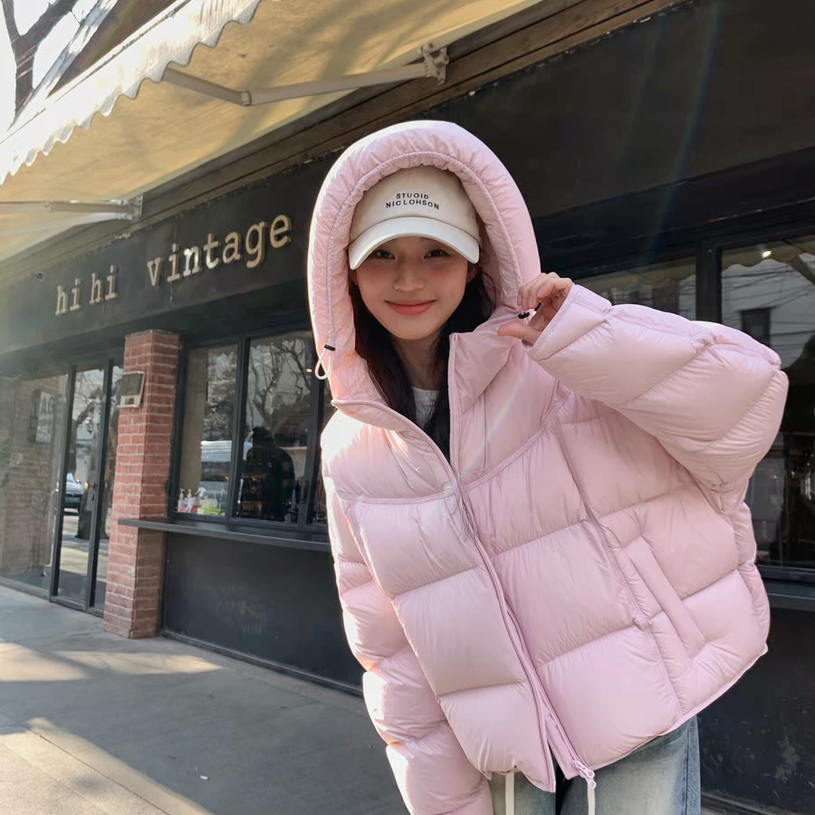 朵朵-冬上新简约纯色百搭连帽拉链宽松保暖羽绒服外套d1307