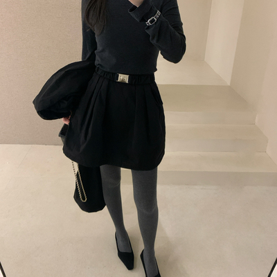 poisooo-分割线设计夹棉短裙半身裙(配腰带)(韩妹)PSY9121