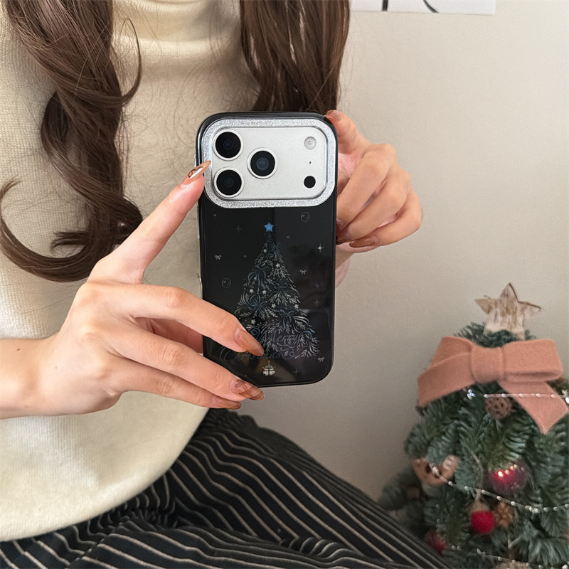 氛围感黑底闪粉圣诞树适用iphone17Promax苹果16手机壳15双层14女