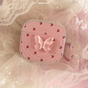 粉色樱桃挂环适用airpods耳机套pro 2保护套蓝牙无线43立体蝴蝶