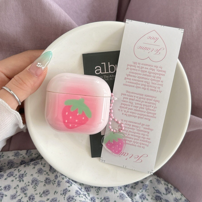 粉色晕染草莓AirpodsPro2耳机壳适用苹果2/3/4代无线蓝牙保护套