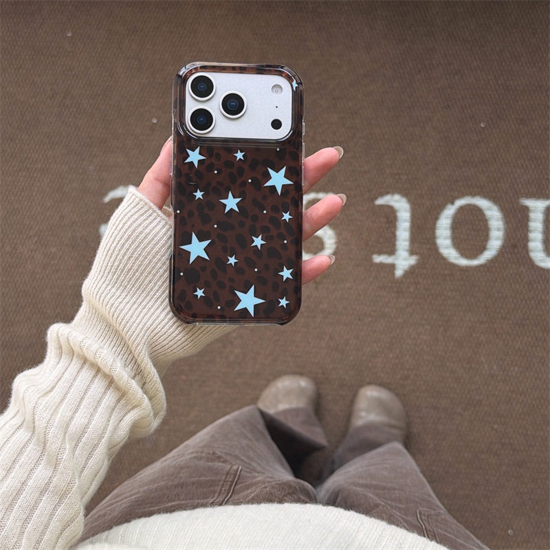秋冬琥珀棕豹纹蓝星星适用iphone17Promax苹果16手机壳15双层14