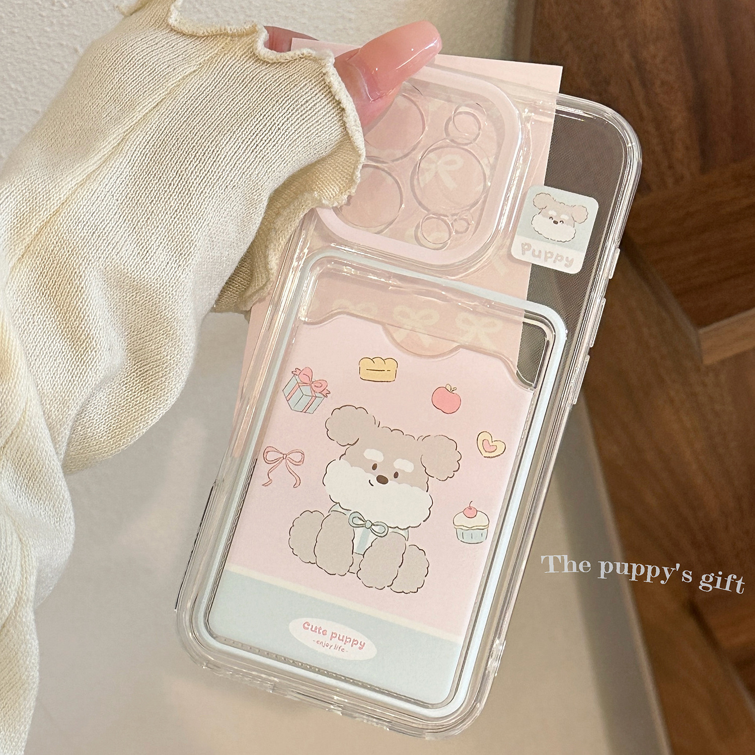 粉色可爱小狗卡包适用iphone16promax手机壳13苹果15透明11卡通