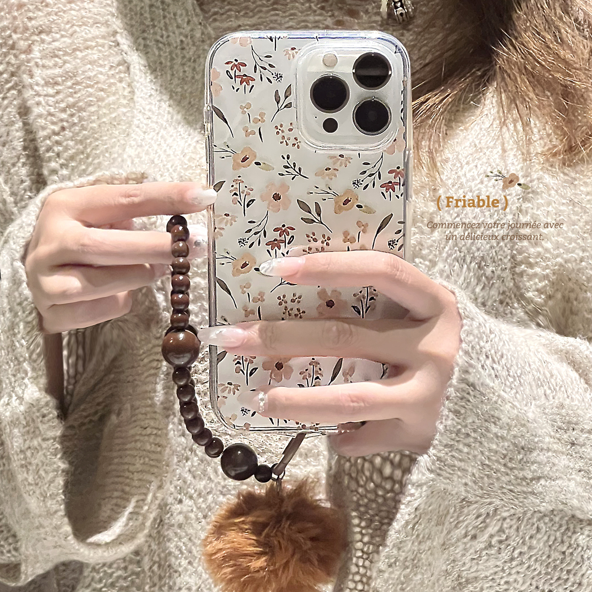 棕色小碎花适用iphone15promax手机壳苹果16透明13文艺复古14挂绳