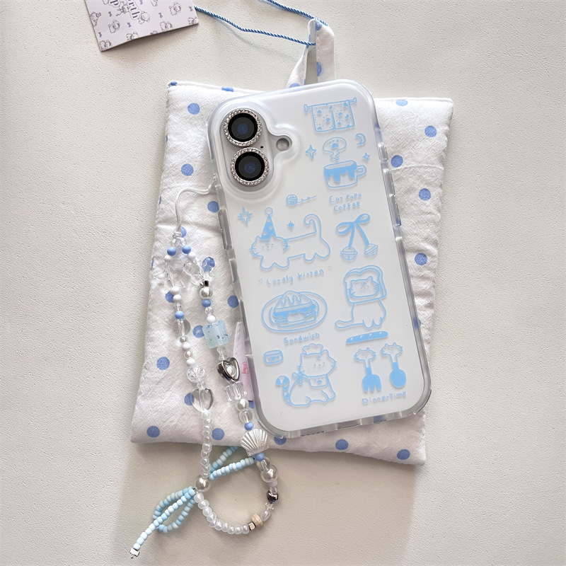 可爱蓝色线条猫咪插画适用iphone16Promax苹果15手机壳14双层13