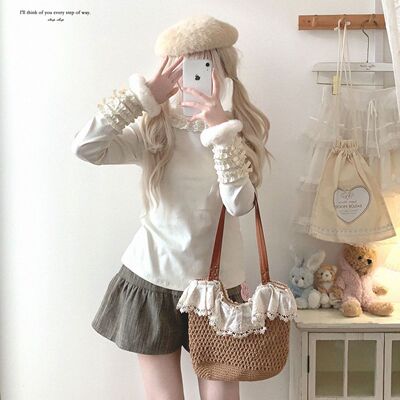 2025年新款韩系纯欲蕾丝半高领长袖t恤女秋季bm风小个子修身显瘦