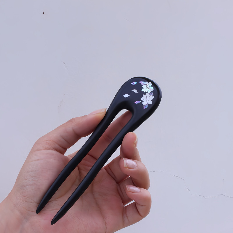 非遗手工古典螺钿檀木簪子直U型盘发簪神器古风发钗头饰礼物