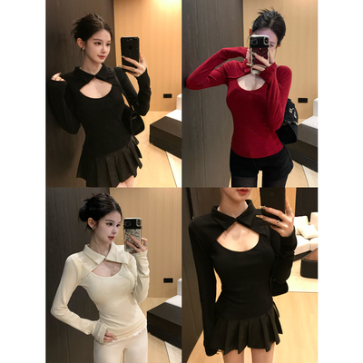 纯欲风镂空肌理修身长袖T恤