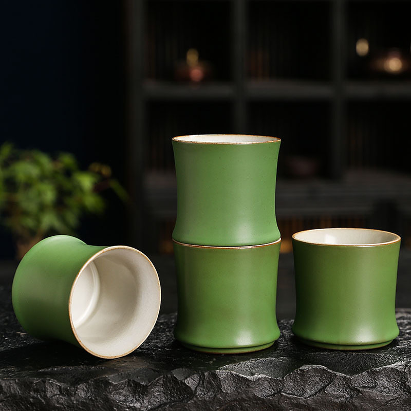 创意仿青竹节功夫茶具茶杯陶瓷品茗杯主人杯家用山水竹节杯套组