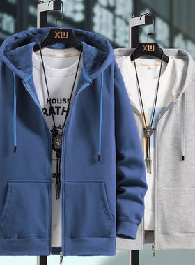 秋冬纯棉开衫连帽卫衣男加绒帽衫宽松拉链外套加肥加大码休闲上衣