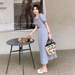 灰色条纹方领连衣裙夏季 A字裙潮 女2024新款 设计感收腰轻熟风长款